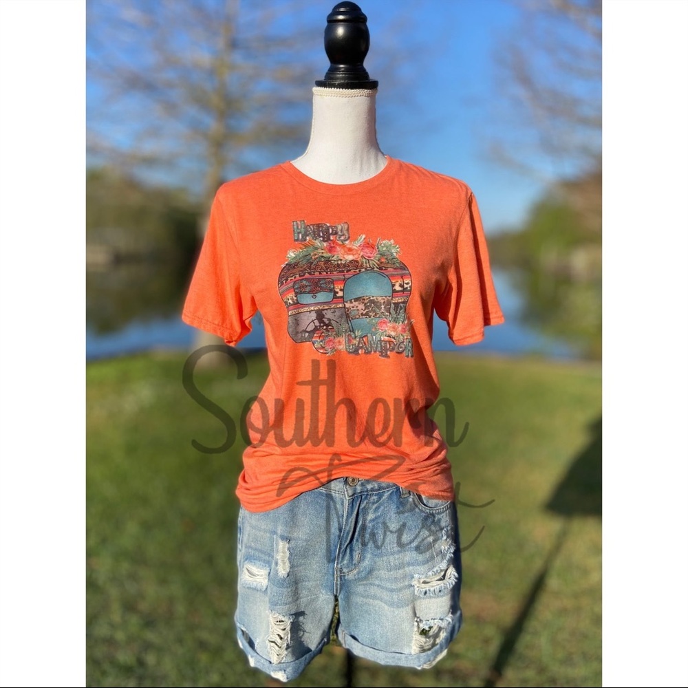 “Happy Camper” Retro Western Camper Bleached Sublimation Boyfriend Orange
